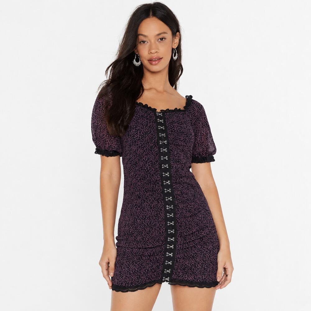 Nasty Gal Black Purple Floral Hook Eye Puff Sleeve Mini Dress 6 Whimsigoth